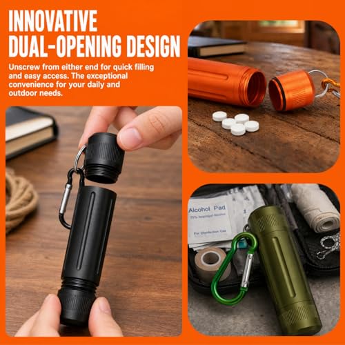 Waterproof Pill Container, Airtight Metal Tube Storage with Dual-Opening Lids, Hooks, Aluminium Smell Proof Keychain Spice Bottle Portable Case for Camp, Travel, Outdoor
