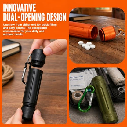 Waterproof Pill Container, Airtight Metal Tube Storage with Dual-Opening Lids, Hooks, Aluminium Smell Proof Keychain Spice Bottle Portable Case for Camp, Travel, Outdoor