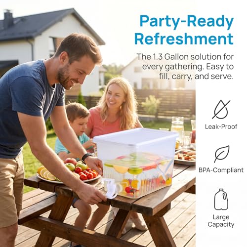 4 Pack 1.3 Gallon Drink Dispenser with Spigot for Fridge, Leakproof Plastic Water Container Fridge Beverage Dispenser Ice Juice Dispenser with Spigot for Home Party Restaurant Bar Buffet
