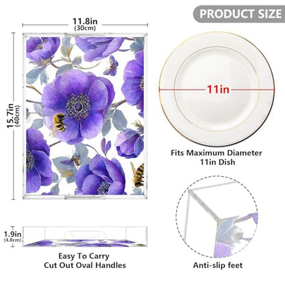 Acrylic Tray Clear Serving Vanity Ottoman Bathroom Coffee Table Countertop Organizer Raised Edge Spill Proof Purple Anemone Bees - color: Purple Anemone Bees