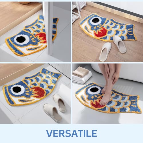 Cute Fish Bath Mat For Bathroom, Japanese Koi Flag Soft Water Absorbent, Non-Slip, Machine Washable (Blue)