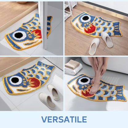 Cute Fish Bath Mat For Bathroom, Japanese Koi Flag Soft Water Absorbent, Non-Slip, Machine Washable (Blue)