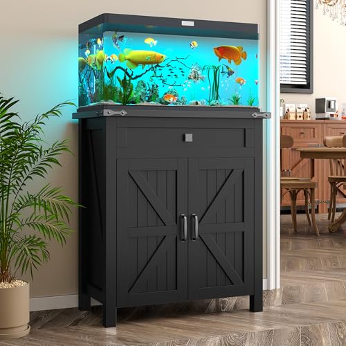 20 Gallon Fish Tank Stand with Power Outlets, Farmhouse Decorative Aquarium Stand Furniture with Adjustable Shelves, 10-20 Gallon Reptile Turtle Tank Stand with Cabinet Storage (Black, 20GL) - color: Black, size: 27.6"L x 15.7"W x 31.5"H