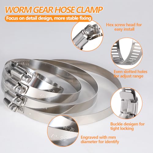 12Pack 5 inch Hose Clamp, Adjustable 304 Stainless Steel Duct Clamps Hose Clamp from 4-13/20"-5-1/2"(118-140mm), Metal Worm Drive Gear Duct Clamp for Air Ducting, Dryer Vent Hose, Fuel Line, Plumbing - size: 5 inch (4-13/20"—5-1/2"/118-140mm)
