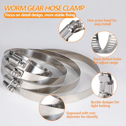 12Pack 5 inch Hose Clamp, Adjustable 304 Stainless Steel Duct Clamps Hose Clamp from 4-13/20"-5-1/2"(118-140mm), Metal Worm Drive Gear Duct Clamp for Air Ducting, Dryer Vent Hose, Fuel Line, Plumbing - size: 5 inch (4-13/20"—5-1/2"/118-140mm)