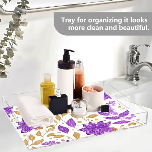 Acrylic Tray Clear Serving Vanity Ottoman Bathroom Coffee Table Countertop Organizer Raised Edge Spill Proof Purple Paisley Goild Leaf - color: Purple Paisley Goild Leaf