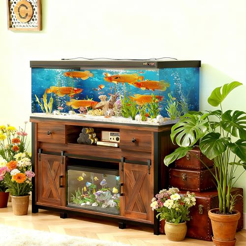 Farmhouse Fish Tank Stand w/Power Outlet – Heavy Duty Aquarium Cabinet, 800 lb Capacity, Adjustable Storage, Thickened MDF & Steel Frame, Sliding Barn Doors, (Light Brown, 55-75 Gallon) - color: Light Brown, size: 55-75 Gallon