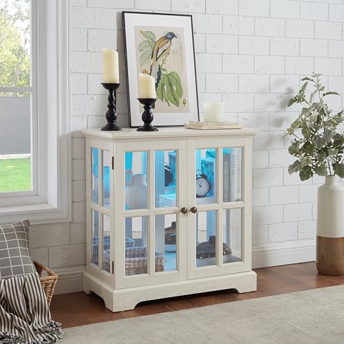 LED Curio Display Cabinet with Adjustable Glass Shelves, Retro Lattice Door Bookcase, Antique Home Decor Storage Showcase with Magnetic Closure