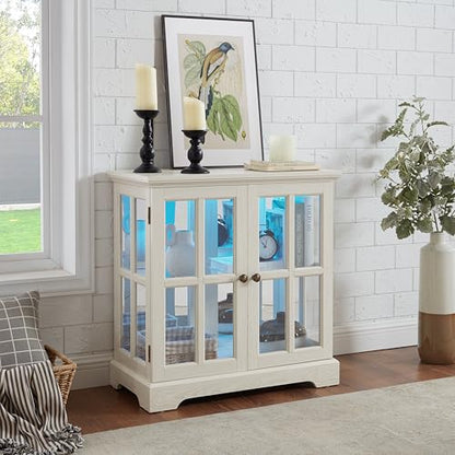 LED Curio Display Cabinet with Adjustable Glass Shelves, Retro Lattice Door Bookcase, Antique Home Decor Storage Showcase with Magnetic Closure