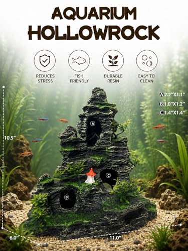 Aquarium Decor - Tall and Large Mountain Rock Ornament for Fish Tank, Aquarium Hideout with Rock Texture for Betta, Guppy, Shrimp - Aquatic Hide Decoration, Fish Hiding House（Red Tower）