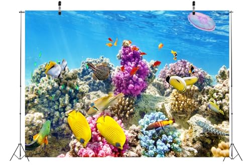 BELECO 10x6.5ft Fabric Underwater World Backdrop Undersea Tropical Fish Coral Reef Blue Deep Sea Aquarium Background Under The Sea Party Decorations Baby Shower Birthday Shoot Photo Props - size: 10x6.5FT
