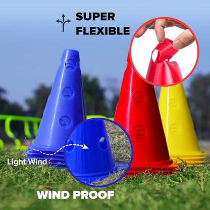 GSi 9-Inch Cones with Holes for Hurdle & Agility Training | Creates Training Hurdles, Stable in Wind, Sturdy Construction, Bright Colors, 18 Cones in 3 Colors