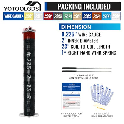 Right Hand Wind（Red Cone）2" Garage Door Torsion Spring with Non-Slip Winding Bars & Gloves, High Precision Electrophoresis Black Coated, for Replacement, MIN 16,000 Cycles (0.225x2''x23'') - size: 0.225X2"X23"-R