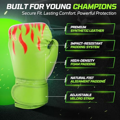 Flexzion Boxing Gloves for Kids 4oz – Training Punching Bag Mitts, Kid Boxing Gloves with Faux Leather & Wrap-Around Wrist Protection for Boys & Girls Ages 3-8 Years - color: Green Blaze