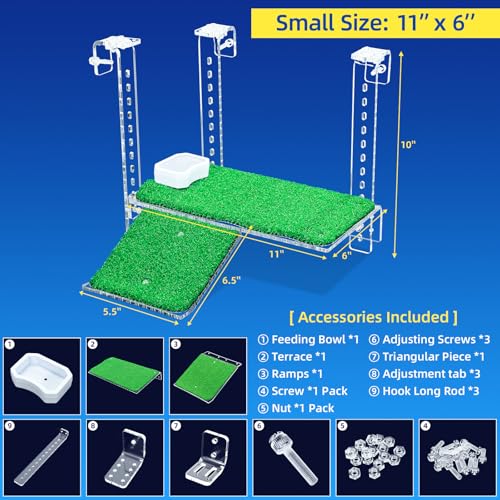 Turtle Basking Platform with Artificial Grass & Adjustable Ramp Non-Slip Large Dock for Aquatic Turtles Fits 0.31"-2.11" Thick Tanks Durable Acrylic Turtle Tank Accessories 11 Inch - size: 11 Inch