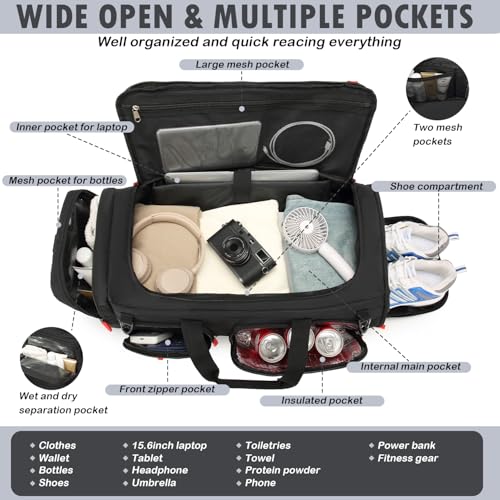 50L Tactical Gym Bag for Men and Women with Shoe & Laptop Compartment - color: Black+Red