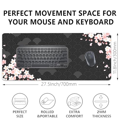 Black Watercolor Cherry Blossom Desk Pad Mouse Pad,Large Gaming Mouse Mat with Stitched Edges,Non-Slip Waterproof Rubber Base Mousepad for Office Work Home Desk Mat(27.5X11.8 in)