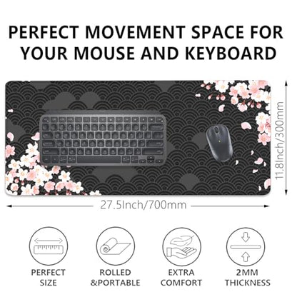 Black Watercolor Cherry Blossom Desk Pad Mouse Pad,Large Gaming Mouse Mat with Stitched Edges,Non-Slip Waterproof Rubber Base Mousepad for Office Work Home Desk Mat(27.5X11.8 in)