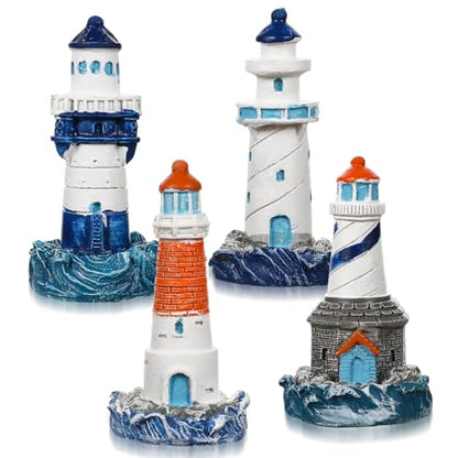 balacoo 4 Pcs Mini Lighthouse Decoration, Mediterranean Style Resin Nautical Lighthouse Model, Nautical Home Decor for Room, Garden, Yard, Lawn, Room, Aquarium, Fish Tank Decoration