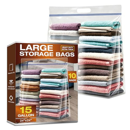 Heavy Duty 15 Gallon Clear Zipper Bags with Handles, 3.5 Mil Thick 24x24 Inch Storage Bags 10 Pack for Moving, Home and Travel Use - size: 10 Large