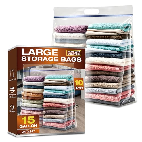 Heavy Duty 15 Gallon Clear Zipper Bags with Handles, 3.5 Mil Thick 24x24 Inch Storage Bags 10 Pack for Moving, Home and Travel Use - size: 10 Large