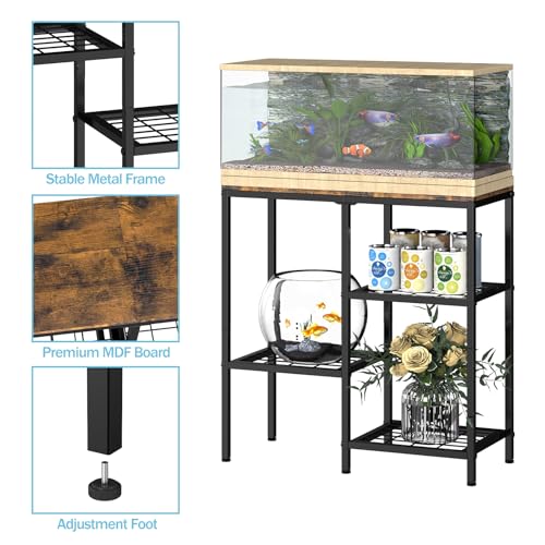20 Gallon Aquarium Stand, 3 Tier Metal Fish Tank Stand with Shelves, Reptile Tank Stand for Accessories Storage, Turtle Terrarium Stand for Home Office,29.13" L x 12.2" W Tabletop, Brown
