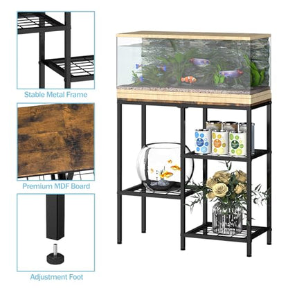 20 Gallon Aquarium Stand, 3 Tier Metal Fish Tank Stand with Shelves, Reptile Tank Stand for Accessories Storage, Turtle Terrarium Stand for Home Office,29.13" L x 12.2" W Tabletop, Brown