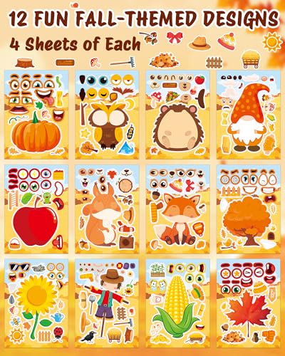 48 Sheets Fall Make a Face Stickers, 12 Designs Fun Fall Crafts for Kids, Autumn Festival Party Favors, Classroom Activities & Games - style: Fall Harvest