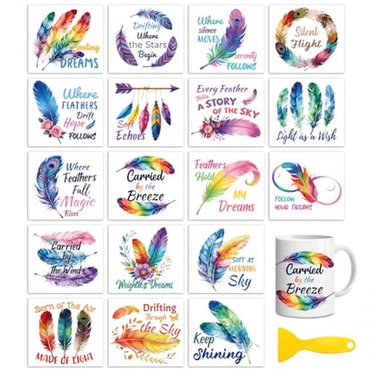 Peacoblue 18 Sheets Rub on Transfers for Crafts, Feathers with Text 3.6"x3.9" UV DTF Cup Wraps Waterproof Rub on Cold Transfers Stickers for Wood Glass Metal Cup Tumblers Mirrors Mugs Home Decor - style: Feathers with Text