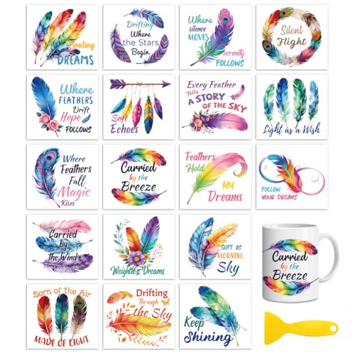 Peacoblue 18 Sheets Rub on Transfers for Crafts, Feathers with Text 3.6"x3.9" UV DTF Cup Wraps Waterproof Rub on Cold Transfers Stickers for Wood Glass Metal Cup Tumblers Mirrors Mugs Home Decor - style: Feathers with Text