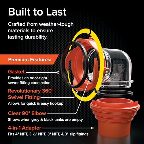 Camco RhinoFlex Clear RV Sewer Hose Elbow with 4-in-1 Adapter - Features a 360-Degree Fitting Rotation and Built-in Gasket for Odor-Tight Protection - Fits 4 Sizes of Dump Station Inlets (39736) - size: One Size