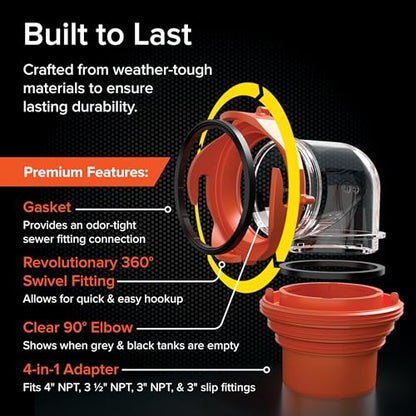 Camco RhinoFlex Clear RV Sewer Hose Elbow with 4-in-1 Adapter - Features a 360-Degree Fitting Rotation and Built-in Gasket for Odor-Tight Protection - Fits 4 Sizes of Dump Station Inlets (39736) - size: One Size