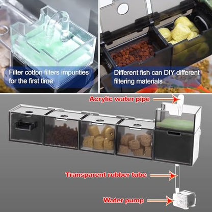 Fish Tank Filter Box Aquarium Fish Tank External Filter Box, Hydroponics,Aquarium Hang On Filter Waterfall Increase Oxygen Water Purifier Aquarium Accessory for Restaurant Home (Transparent, 3 Grids)
