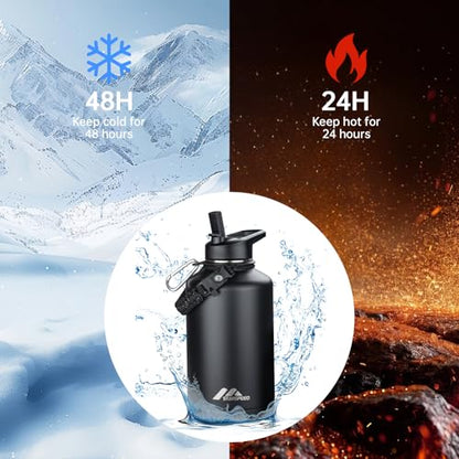 StarSpeed 64oz Insulated Water Bottle with Straws & 2 Lids,Black - color: Black, size: 64 Ounces