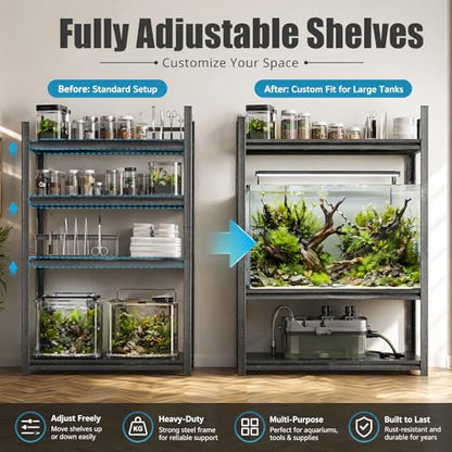 PRESTELION Aquarium Stand Fish Tank Stand 1200LBS Metal Shelving Adjustable Heavy Duty Storage Shelves Display Shelves Utility Shelf for Turtle Tank, Reptile Terrarium, 31.5" H×35.4" W×13.8" D, Black - size: 3-TIER 31.5"H×35.4"W×13.8"D