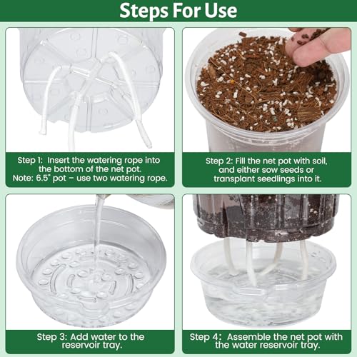 18 Pack 6.5/5/4 Inch Clear Self Watering Plant Pots with Bottom Water Tray & Watering Rope, Transparent Nursery Pots with Drainage for Seedlings, Herbs, and Houseplants