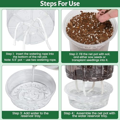 18 Pack 6.5/5/4 Inch Clear Self Watering Plant Pots with Bottom Water Tray & Watering Rope, Transparent Nursery Pots with Drainage for Seedlings, Herbs, and Houseplants