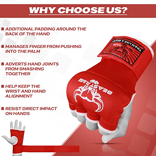 BEAST RAGE Inner Gloves with Hand Wraps Quick Wrap Long 36" Wrist Support MMA Muay Thai Bandages Punching Martial Arts Training Men Women Kickboxing Bandages Under Bag Gloves - color: Red Rage, size: M (Adult)