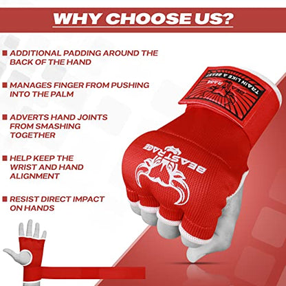 BEAST RAGE Inner Gloves with Hand Wraps Quick Wrap Long 36" Wrist Support MMA Muay Thai Bandages Punching Martial Arts Training Men Women Kickboxing Bandages Under Bag Gloves - color: Red Rage, size: S (Adult)