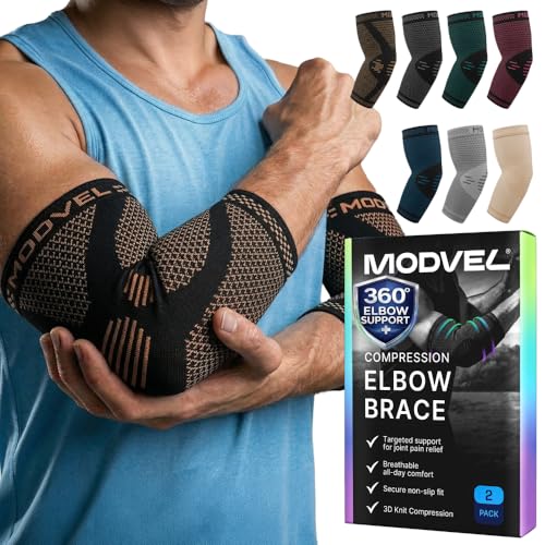 Modvel 2 Pack Elbow Brace for Tendonitis and Tennis Elbow Brace for Women and Men, Elbow Compression Sleeve for Pain Relief and Recovery – Elbow Sleeves Weightlifting Men, Sports & Workout, Arm Brace - color: Copper, size: XX-Large