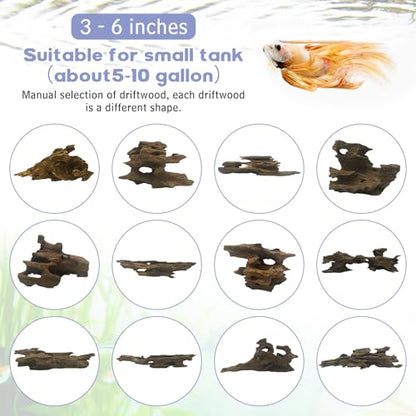 Natural Driftwood for Aquarium Decor 12 PCS Fish Tank Wood with Small Holey Aquarium Wood Aquascaping for Shrimp Betta Hermit Crab and Butterfly Fish - size: XS:3-6 inches-12pcs