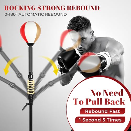 Boxing bar Reflex Speed Bag Punching Bag Free Standing Boxing Bag with Adjustable Height & Reinforced Spring Strong Durable Relief Stress Ball for MMA WWE Exercise（red White Gold）