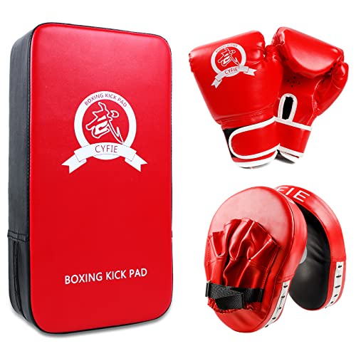 3-in-1 Boxing Equipment Punching Gloves Mitts Kick Pack Set for Kids Karate Mitts Pad for Beginners Arm Pad for Children Boxing Gloves for Muay Thai, Taekwondo, MMA Training, Gift for Kids Toddlers - color: Red, size: 1 Pad+2 Mitts+2 Gloves