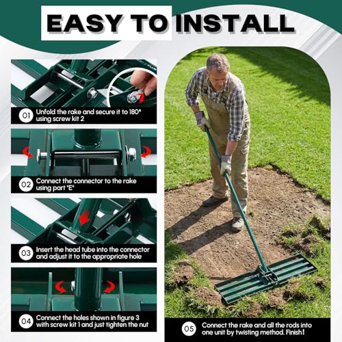 Lawn Leveling Rake 30"x10" Heavy Duty Carbon Steel, 72" Adjustable Long Handle, Leveler Tool for Yard Garden Golf Course Soil Dirt Ground Surface Leveling