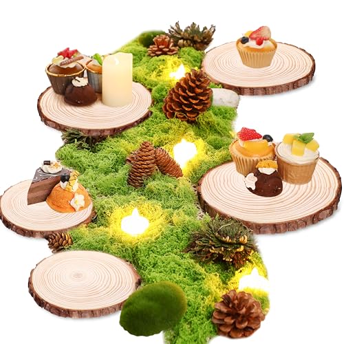 Nuanchu 7 Pack Wood Table Centerpieces with Rustic Wood Slices and Artificial Fake Green Moss for Wooden Fairy Wedding Woodland Table Decor Ideal DIY Crafts (4. 7-5. 5'')