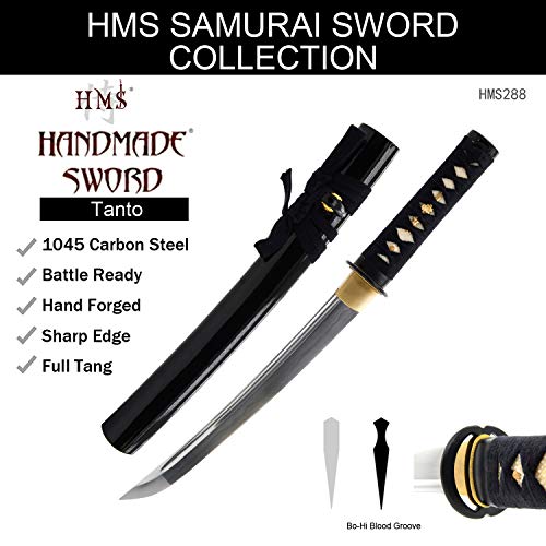 Hand Forged 1045 Carbon Steel Musashi Crest Tanto Full Tang Sword | functional edge for dojo practice, wavy temper, bo-hi groove, openwork guard, rayskin grip