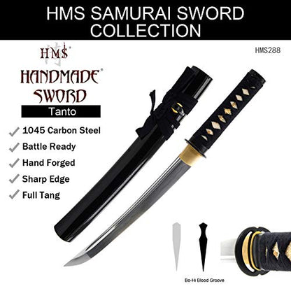 Hand Forged 1045 Carbon Steel Musashi Crest Tanto Full Tang Sword | functional edge for dojo practice, wavy temper, bo-hi groove, openwork guard, rayskin grip