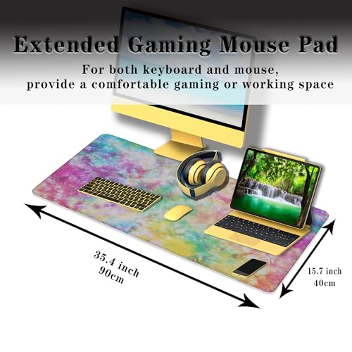 Desk Mouse Pad Rainbow Mats, XXL Mouse Pads Desk Pad for Women Keyboard Big Mousepads, Long Desk Pad Non-Slip Rubber Base, 35.4 X 15.7 inch for Work/Game/Office/Home Splash Tie Dye Pattern - color: Tie Dye