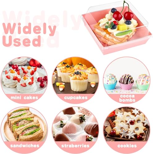 50 Pack Small Charcuterie Boxes with Clear Lids, 4 Inches Paper Bakery Boxes Dessert Boxes Disposable To Go Food Containers for Cookie, Cake Slice, Mini Cake, Chocolate Strawberry (Pink) - color: Pink