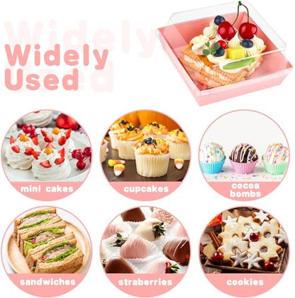 50 Pack Small Charcuterie Boxes with Clear Lids, 4 Inches Paper Bakery Boxes Dessert Boxes Disposable To Go Food Containers for Cookie, Cake Slice, Mini Cake, Chocolate Strawberry (Pink) - color: Pink
